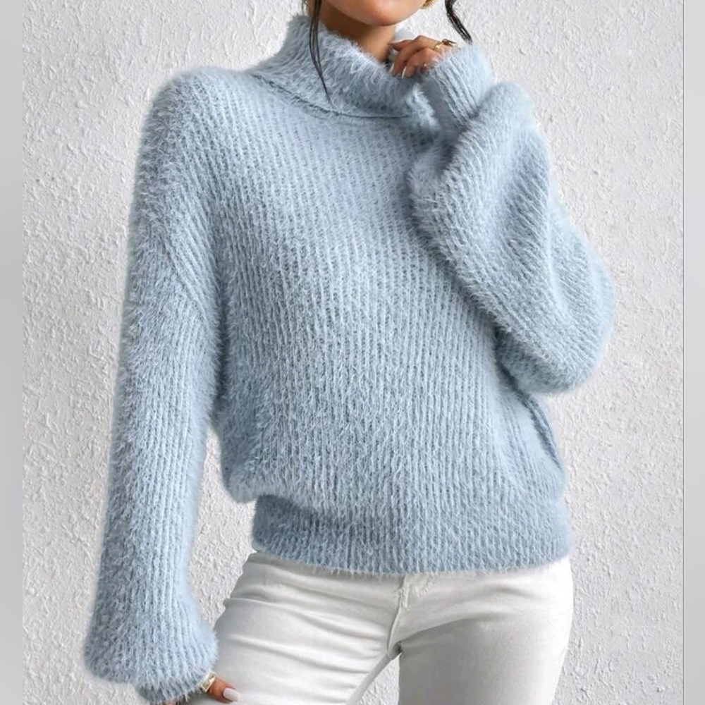NEW Luxe Fluffy Knit Turtleneck Sweater Top Light Blue